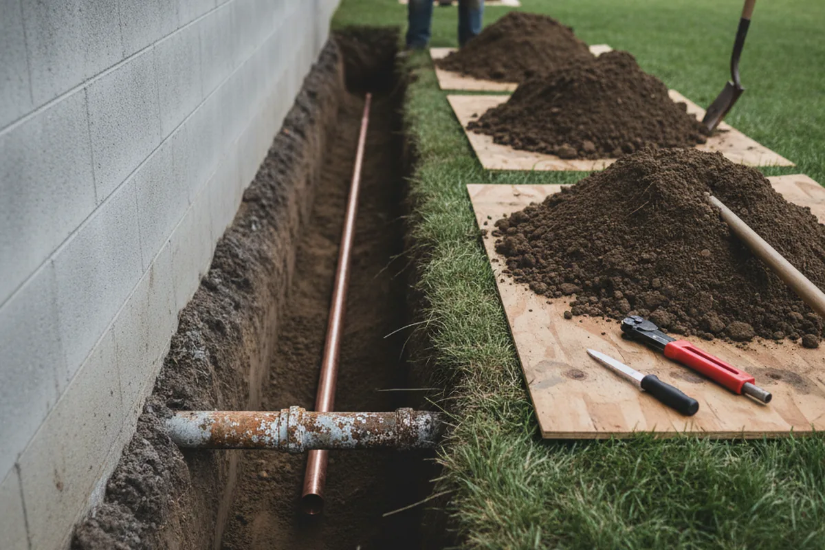 Excavated water line trench during Water Softener Installation in Clyo